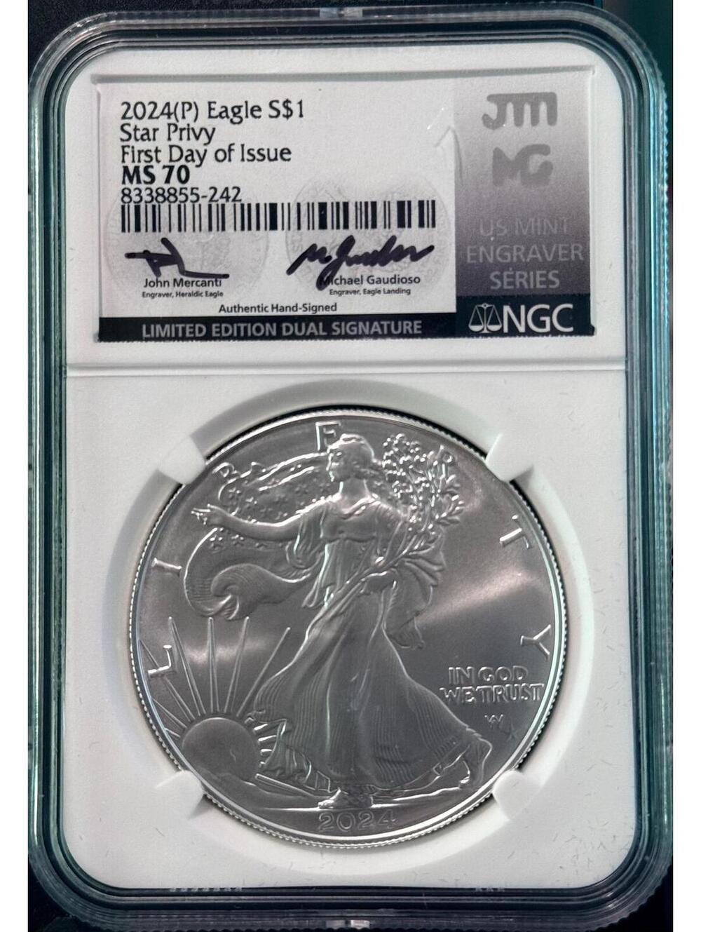 2024 P Silver Eagle Star Privy FDOI Dual Signature Mercanti & Gaudioso NGC MS70